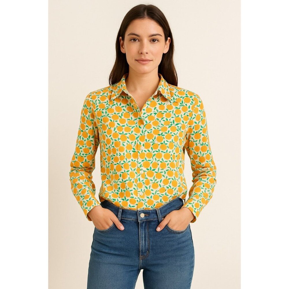 J.Crew Citrus Fruit Print Button-Down Shirt Women’s M Orange Lemon Pattern